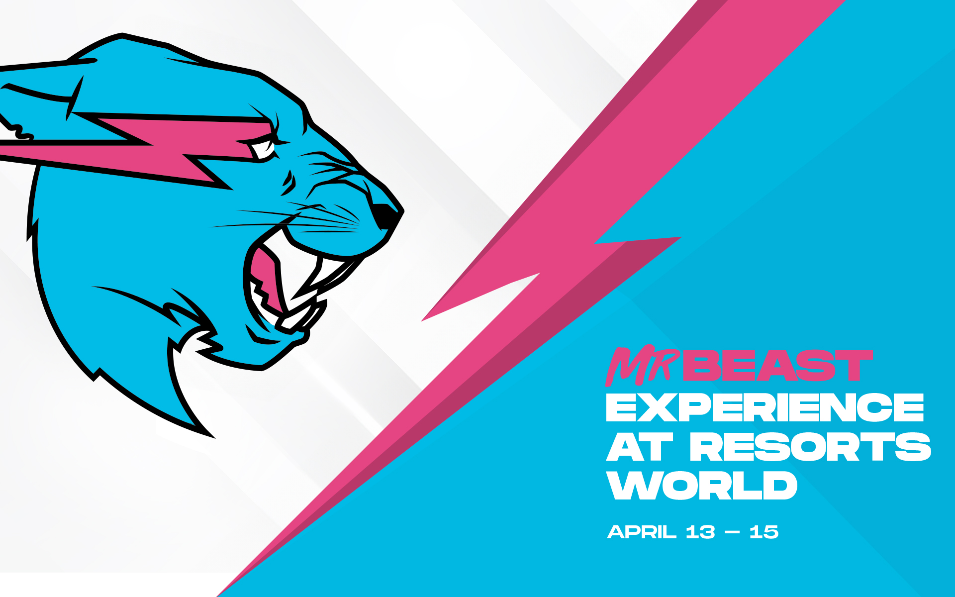 MrBeast Experience at Resorts World, happening April 13–15. It features a striking blue panther logo with a pink lightning bolt against a dynamic blue and white background.