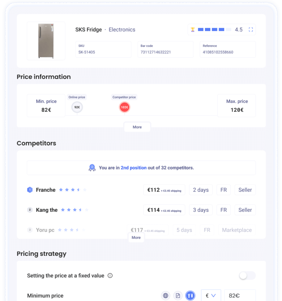 Capture d’écran fonctionnalité dynamic pricing de Boostmyshop myPricing, solution pour mieux vendre sur les marketplaces