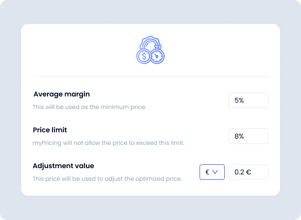 Capture d‘écran de la définition de limites de prix dans l’outil de dynamic pricing Boostmyshop myPricing